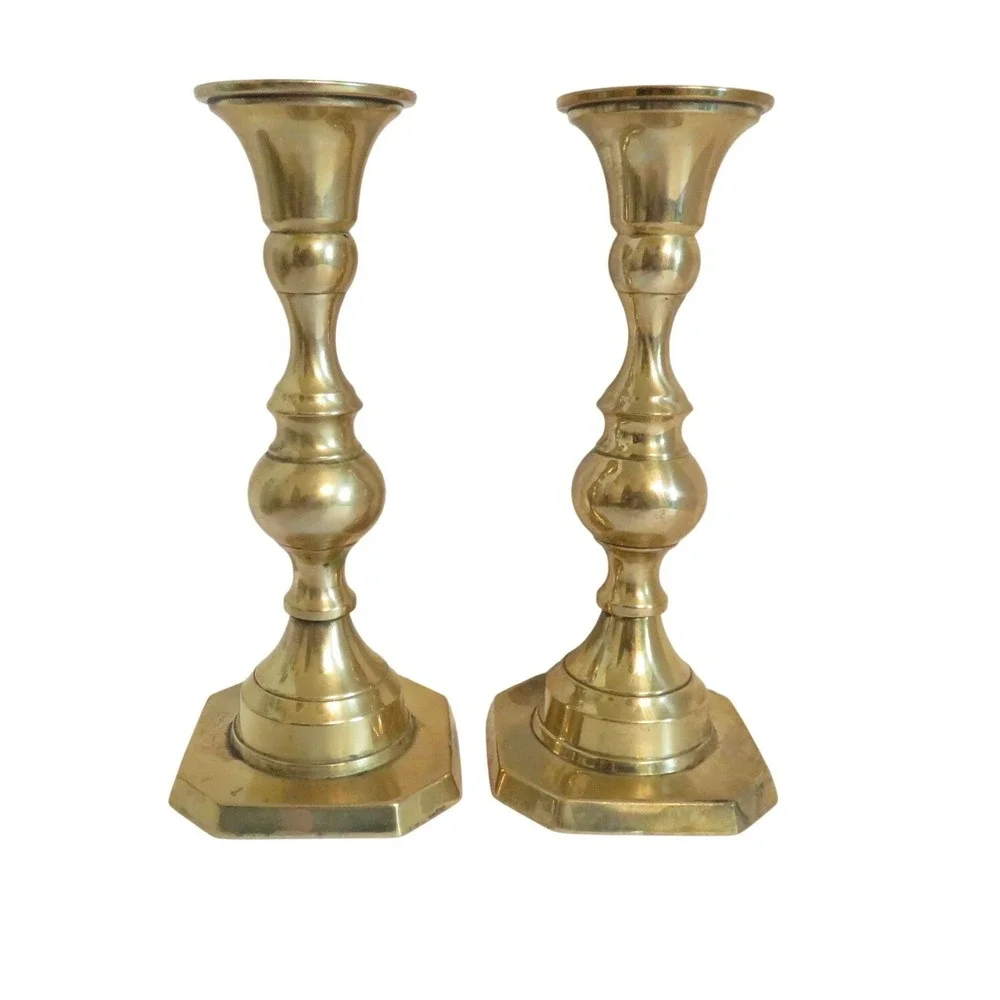Vintage Solid Brass Candlestick‎ Holders Set of 2 Hexagonal Base 6.25 Inch Taper